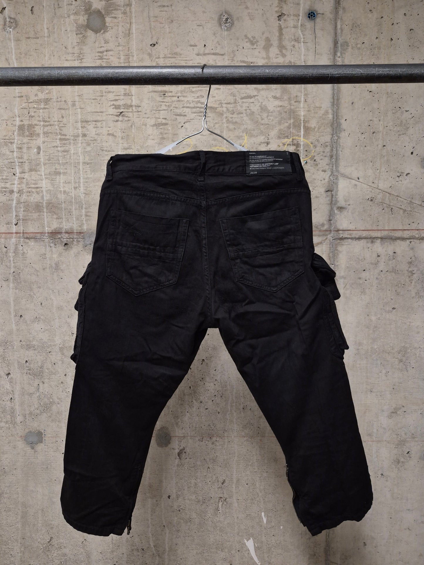 Julius_7 SS11 “Chaos ; Ontological Anarchism” Black 8oz Cotton Denim Distressed Gas-Mask Cargo Capris