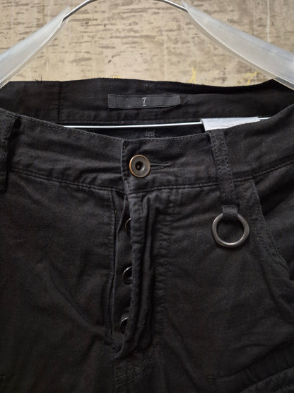 Julius_7 SS11 “Chaos ; Ontological Anarchism” Black 8oz Cotton Denim Distressed Gas-Mask Cargo Capris