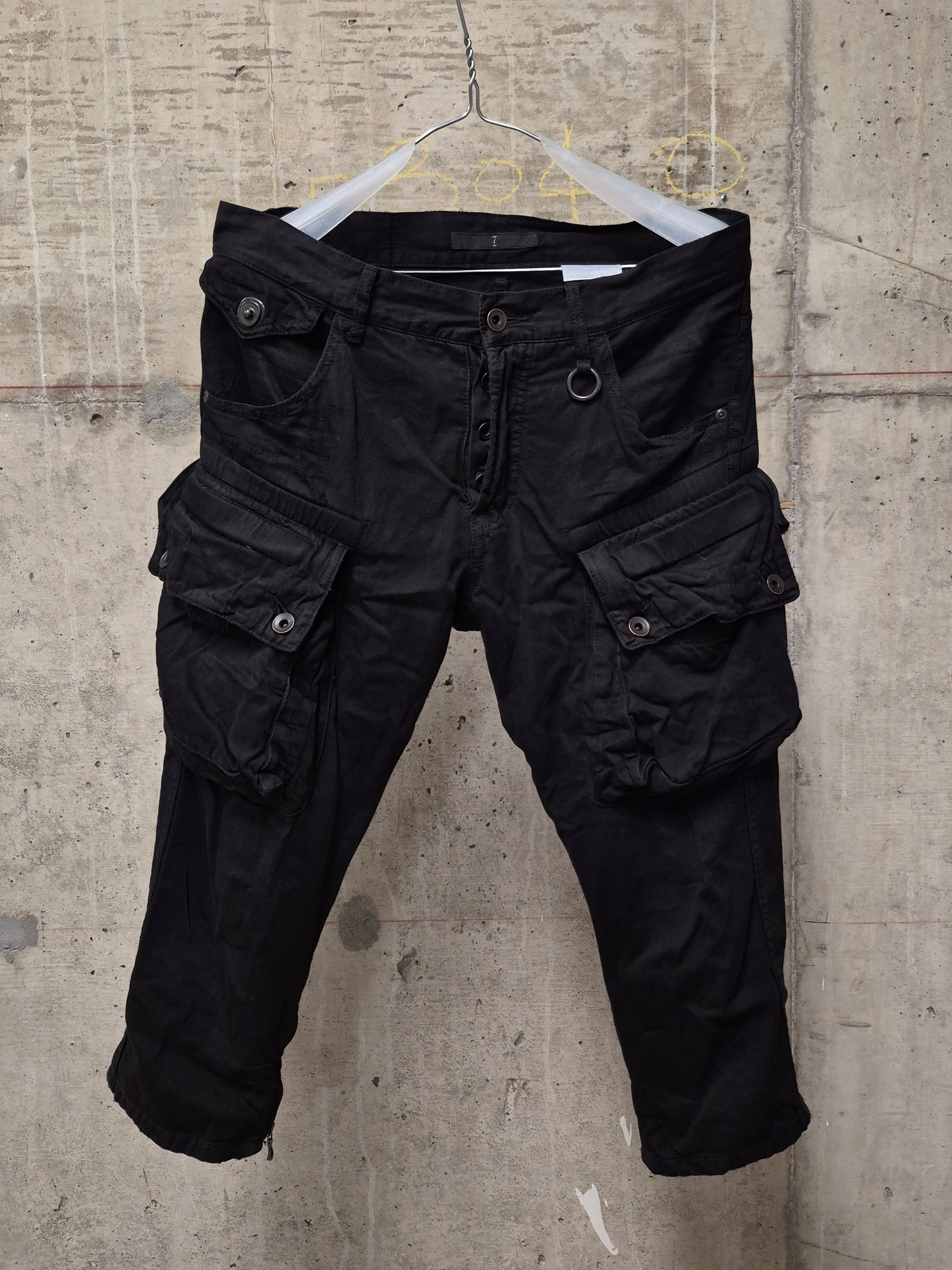 Julius_7 SS11 “Chaos ; Ontological Anarchism” Black 8oz Cotton Denim Distressed Gas-Mask Cargo Capris
