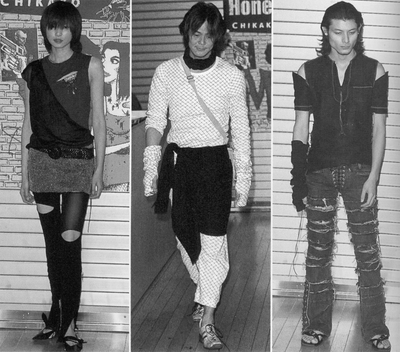 Lookbook scans from Japanese fashion brand roen by Hiromu Takahara, black and white, 3 looks